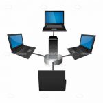 Four Black Laptops Connected to Central CPU or Server